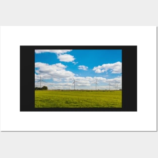 Windmill farm on green meadow Posters and Art